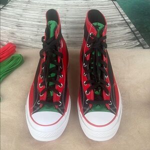 UNISEX Converse Red and Green High-Top Sneakers.